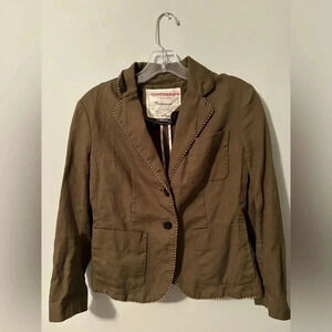 Anthropologie Cartonnier Linen Blend Blazer Army Green Pockets Button Up